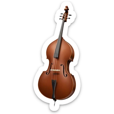 Create an elegant and detailed emoji representing a Gliga Gama double bass with bow. The design should showcase the large, sleek body of the double bass with its rich wood finish, including the characteristic curves and deep tone holes. The bow should be elegantly positioned next to the instrument, highlighting the hair and smooth wooden stick. Use warm wood tones like chestnut brown for the body of the bass, silver accents for the fittings, and dark brown for the bow. Add subtle musical notes or sound waves flowing from the bass to represent its deep, resonant sound. The background should be transparent. sticker