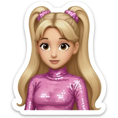 Ariana Grande with long dark blonde ponytail hair, light pink sequin outfit sticker