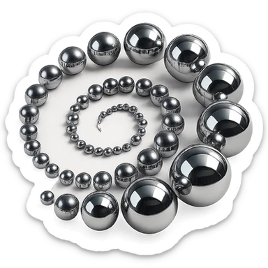 multiple reflective metallic spheres arranged in a spiral pattern, highly polished chrome style sticker