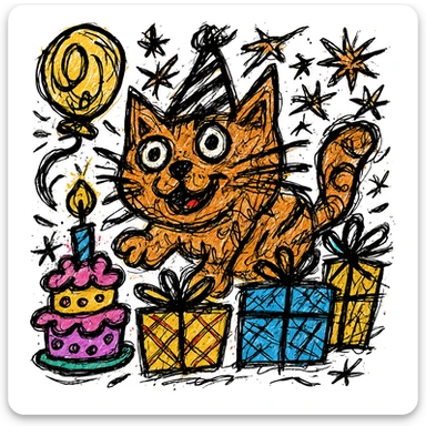 Make the birthday cake more colorful while keeping the chaotic outlined style and all other elements intact sticker