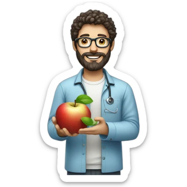A male nutritionist with a full beard and dark, curly hair and white skin, wearing glasses, holding an apple in his hand. Who has a light blue shirt on. sticker
