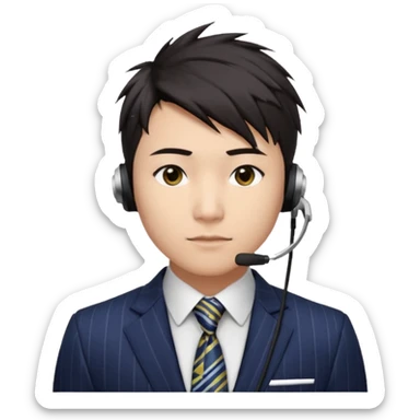 30 years old full kind of chubby face, very asian, short dark hair styled upward with a spiked swoop in front, a clean-shaven face, focused eyes, and a slim headset over one ear, wearing a dark pinstripe suit with a patterned dress shirt and a bright solid-colored tie visible from the chest up. sticker
