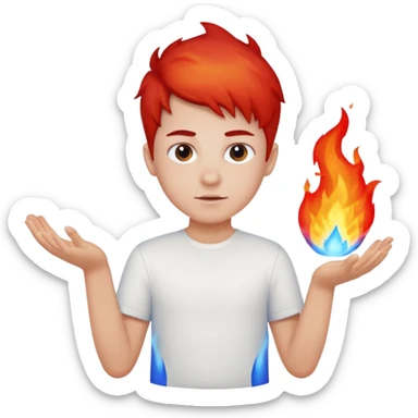 A boy with no hands fire instead made out of red fire and blue fire on a white shirt that the boy is wearing  sticker