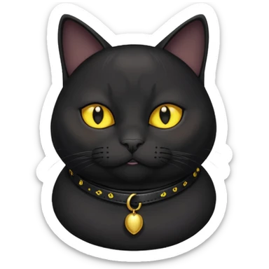 Un gato negro gordito con los ojos de color amarillos sentado con un collar que diga: waina michi sticker