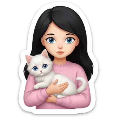 Girl with mid long black hair in soft pink sweater holding A 2-month-old Persian-Angora mix kitten with blue eyes and mostly orange fur with white patches cat sticker