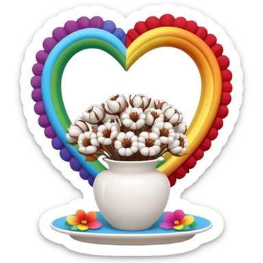 a bouquet of cotton flowers with brown dried petals, in a white ribbed vase on a white tray. next to it is a figurine in the form of a white heart, with a rainbow outline sticker