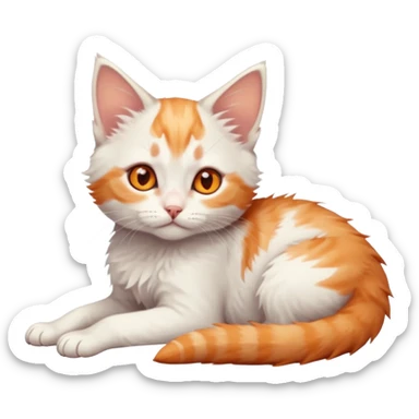 full body of very small + skinny ginger and white kitten with deep orange eyes and triangular shaped face lying down sticker