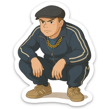 ghibli style Russian gangster squatting, wearing a tracksuit and gold chain sticker