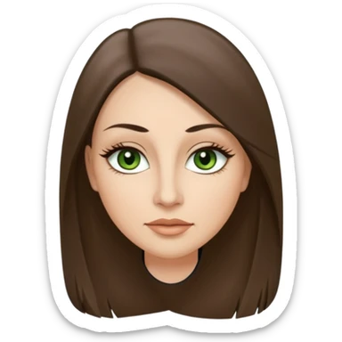 40 year old Adult woman avatar, light skin tone, oval face, long straight ashy brown hair, green almond-shaped eyes with dramatic eyelashes and minimal eyeliner, neutral mouth, medium straight eyebrows, small nose, smooth skin sticker
