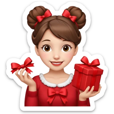 A cheerful young girl with brown hair styled in two playful buns adorned with red bows is winking and smiling.  In her hands, she holds a small decorated  sticker