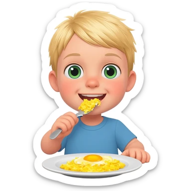 Use the same 3 year old blonde boy with green-blueish as before eyes happy eating scrambled eggs on a plate for breakfast sticker