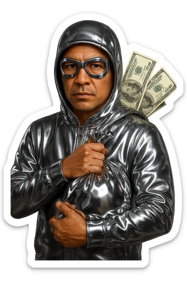 Make the character have a realistic light brown (lightskin) skin tone and natural facial features (not chrome). Dress him in a chrome hoodie and chrome glasses. He should be holding a chrome money bag in his left arm, with realistic US dollar bills visibly falling out from the bag behind his head. Only the hoodie, glasses, and money bag should be chrome—the face, hands, and money should look natural and realistic. Keep the background transparent. sticker