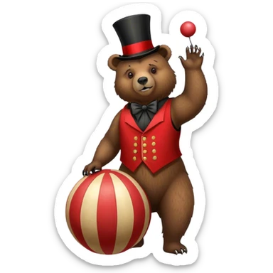 Vintage circus grizzly bear standing on striped ball wearing vest and top hat sticker