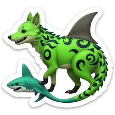 Edgy cool badass Neon-green landhai-sergal-dingo-hyena, with a shark tail, with black and dark-green swirly patterns markings sticker