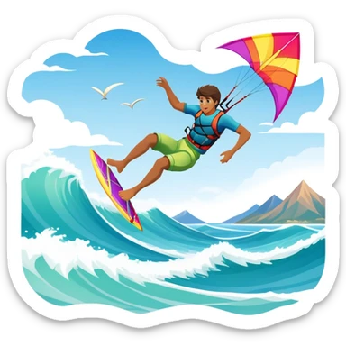 A professional kite surfer performing a high-flying trick on the waves, with a colorful kite soaring above. The background features a stunning landscape of rolling ocean waves, a bright sky, and distant mountains, emphasizing the skill and freedom of the sport. sticker