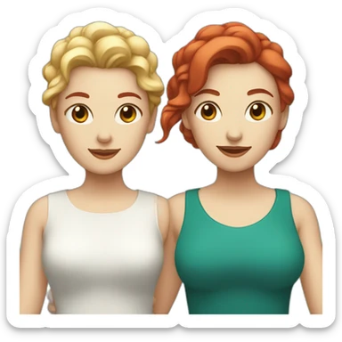 Two white women holding hands, one with medium length red hair, one with short teal hair sticker