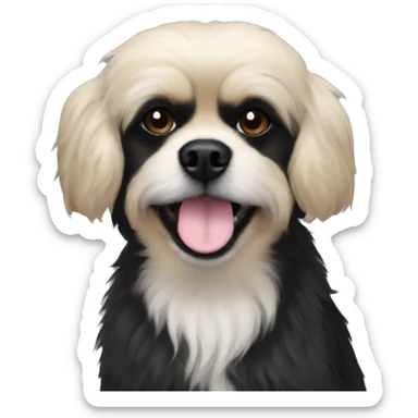 Pekingese poodle mix. All black dog with white chest only. Underbite with teeth showing  sticker