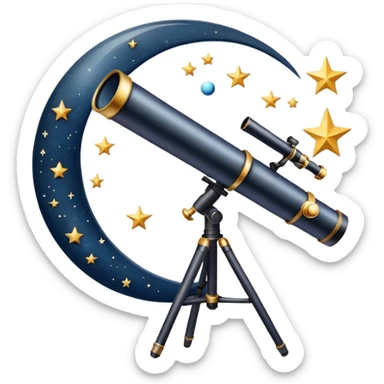 An icon featuring a telescope, stars, and a planet, symbolizing astronomy. The design includes a crescent moon, distant galaxies, and constellations, representing the study of space and celestial bodies. Transparent background highlights the exploration of the universe and cosmic phenomena. sticker