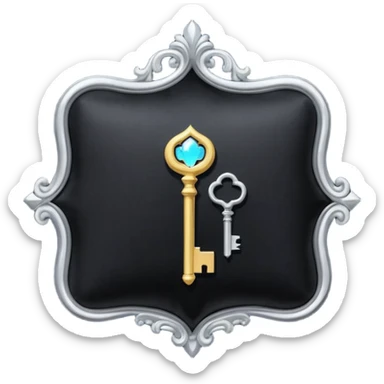 A Discord emoji of a black velvet cushion holding a glowing silver key. Ornate, royal gothic style, simple and clean for small scale, white background. sticker