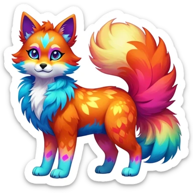 Vibrant multicolored neon-colored Falvie-Fionbri-creature-sparkle-feline-canine-hybrid-fursona, full body, fur pattern-markings sticker