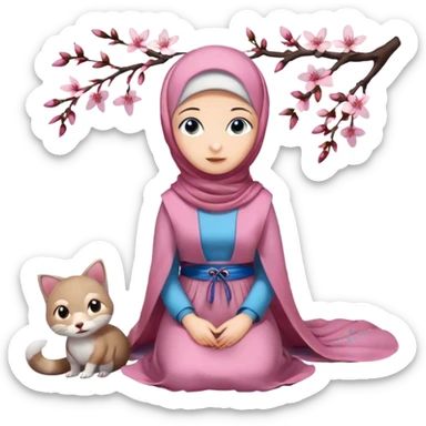 Turkish beautiful finish Konya girl blue eyes with hijab and cherry blossom dress long tailed on the floor  sticker