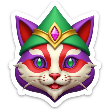 crazy colorful cute little cat jolly joker from poker, medieval, vintage, court jester, mac os icon, purple, gold and red color, half body, emerald green ice eyes. Squared shape as 3D mac os icon, symmetrical sticker
