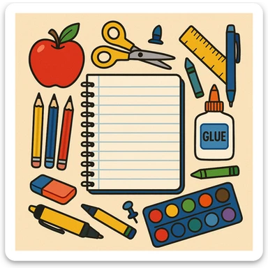illustration of a notebook, various styles of school supplies sticker