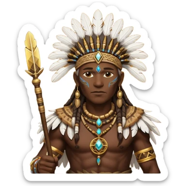 Tribal shaman silhouette gold realistic Big with staff and feathers, spiritual aura, sacred geometry glow behind, powerful stance sticker