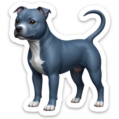 cinematic-[Staffordshire bull terrier]-realistic-full-body-standing-emoji,-tail-resting-loosely-beside-its-paws,-head-tilted-dramatically, -sleek-[dark blue grey]-fur,-simplified-yet-realistic-focused-features,-highly-detailed,-glowing-with-an-almost-sarcastic-glow sticker