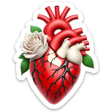 Anatomical heart  black and crimson veins and white roses sticker