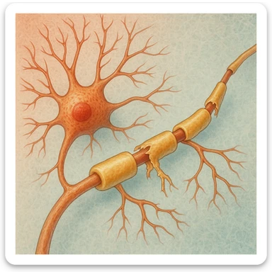 nerve cell with partially degraded myelin sheath, focus on demyelination, medical illustration sticker