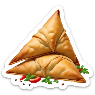 Samosa Cinematic Realistic Samosa Snack Emoji, depicted as a crispy, golden triangular pastry filled with spiced vegetables or meat, rendered with rich textures and vibrant, appetizing lighting. sticker