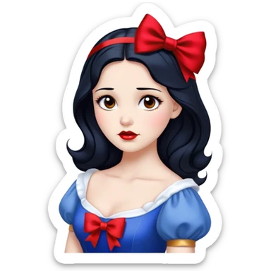 Cinematic Elegant Snow White Portrait Emoji, rendered in a realistic, vector-style with minimal shading and bold, simplified shapes. Depict Snow White (chest and above) with flawless porcelain skin, expressive deep brown eyes, and lustrous raven hair neatly styled with a red bow, wearing her classic blue and gold dress. The image glows with a soft, pure radiance and high shine, capturing timeless beauty and gentle grace. sticker