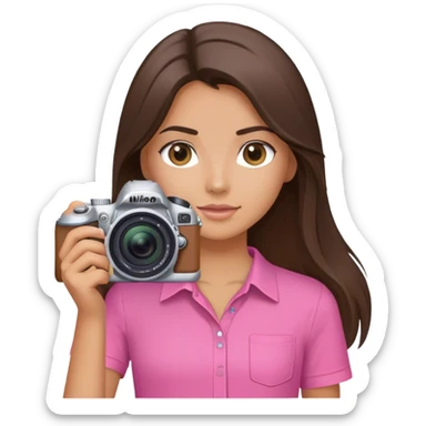 brunette girl long hair  tan skin holding nikon camera pink shirt sticker