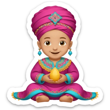  baby, dressed in colorful ghalibiya with delicate decorations, and a traditional Moroccan terbuka sticker