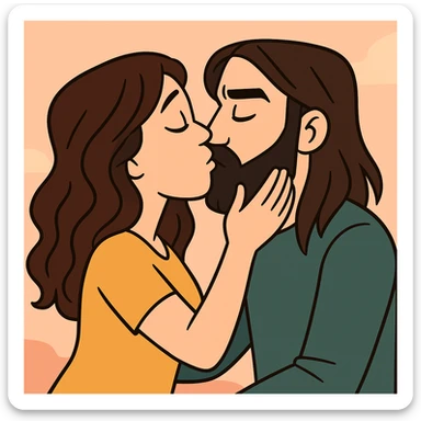 modern cartoon style of a white woman with long dark brown wavy hair kissing a white man with long hair and black beard, bright colors, simple background sticker