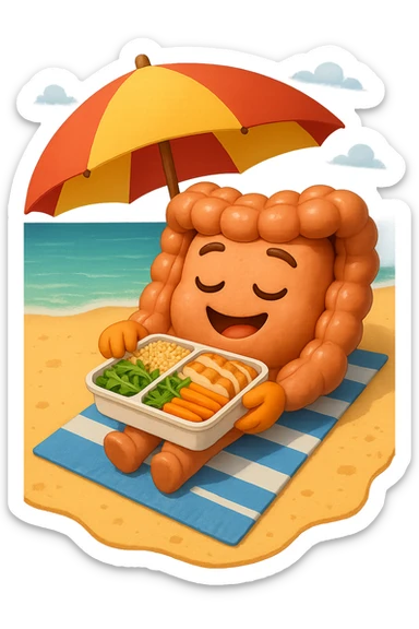 EMOJI STILE IPHONE DI INTESTINO IN SPIAGGIA SU UNA SPIAGGINA SOTTO L'OMBRELLONE CON IN MANO UNA SCHISCETTA DI Insalata di quinoa e pollo con rucola e carote, iperrealistica 4k sticker