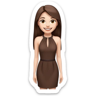 emoji-style illustration of a stylish pretty big smile woman with long straight brown hair, wearing a dark halter neck dress, elegant and minimalistic look, front-facing, soft 3D cartoon rendering, plain background sticker