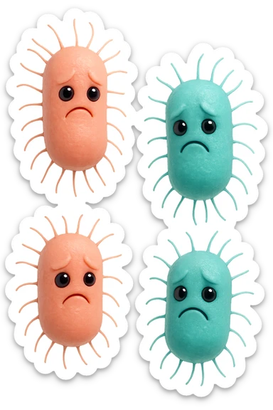 emoji stile iphone di batteri intestinali rosa salmone e turchesi con espressione triste che fluttuano in aria, iperrealistico 4k, isolato su sfondo bianco sticker