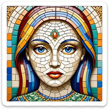 Mosaic art icon, colorful tiles forming a detailed picture, like a landscape or portrait, intricate patterns, some tiles in process of placement, minimalistic style, clean lines, transparent background. sticker