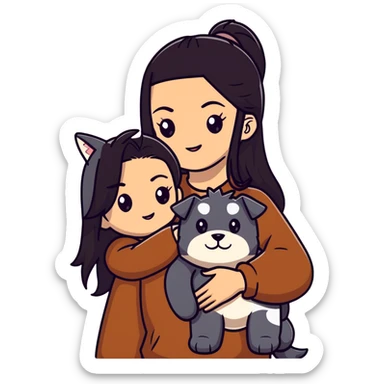 Kendall Jenner with long dark hair holding a brown teddy bear, a black schnauzer and a cow cat in her arms sticker