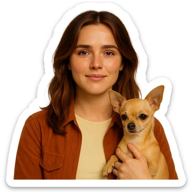 Centered portrait for Instagram profile picture inspired by the facial features visible in the reference images. Tanned complexion with subtle freckles, wearing a shirt colored #FFF8CA and a rust-colored jacket. Medium-length brown hair with auburn highlights. Expression is relieved and calm. Holding a beige-brown chihuahua. Style inspired by a Netflix series, intimate Tenerife ambiance, transparent background. sticker