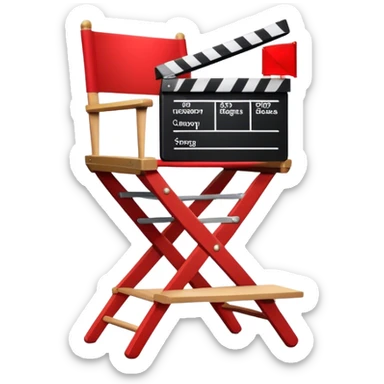 Icon for Directing: a director's chair, a film clapperboard, and a stage with a spotlight. The icon should represent the creative and organizational aspects of directing, with focus on storytelling, staging, and performance. Transparent background. sticker