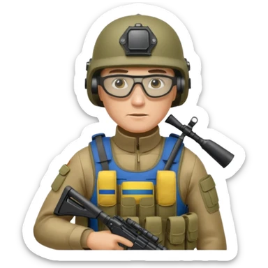 Ukrainian intelligance agency warrior man in platecarrier with nato riffle in helmet and ballistic glasses sticker