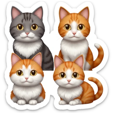 3 different coloured tiny short haired cats, including a dark grey and white cat, and a dark brown tabby and white and a ginger and white sticker