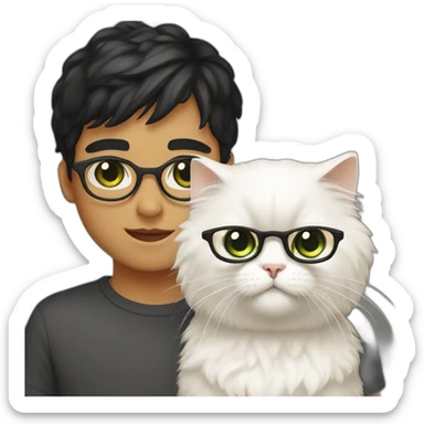 Boy with green eyes, black short hair, white skin, with glasses, holds  Persian cat with orange wool sticker