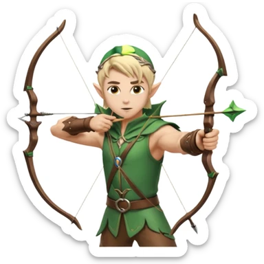 elf male archer aiming at target, summer leather gear, bow, pointy ears, determined look, sand dune backdrop, centered emoji sticker