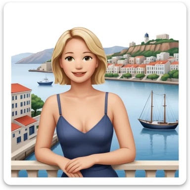 jennifer lawrence, closeup portrait , leaning on a balcony with a harbor and cityscape in the background, smiling sticker