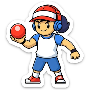Hot handsomeb muscular 6ft tall smiling happy clean shaven Ash Ketchum being a  dj and his music rocks while holding his pokemon ball sticker