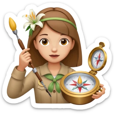 create an image similar to an emoji of a pinni / laddoo as an assamese girl navigating using a compass. She also has a lily on her head. Do not make her very human sticker